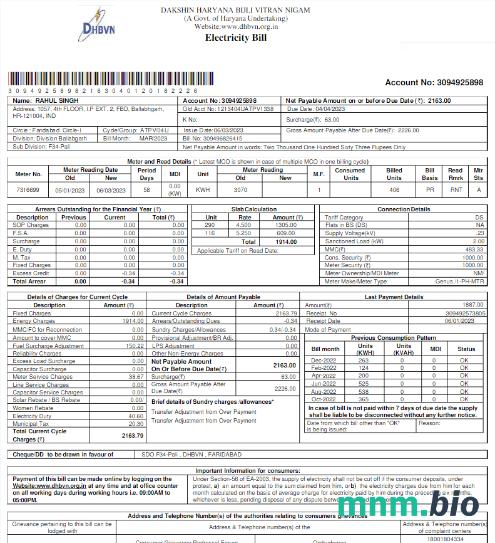 Inida DHBVN rachunek za media Word i PDF template